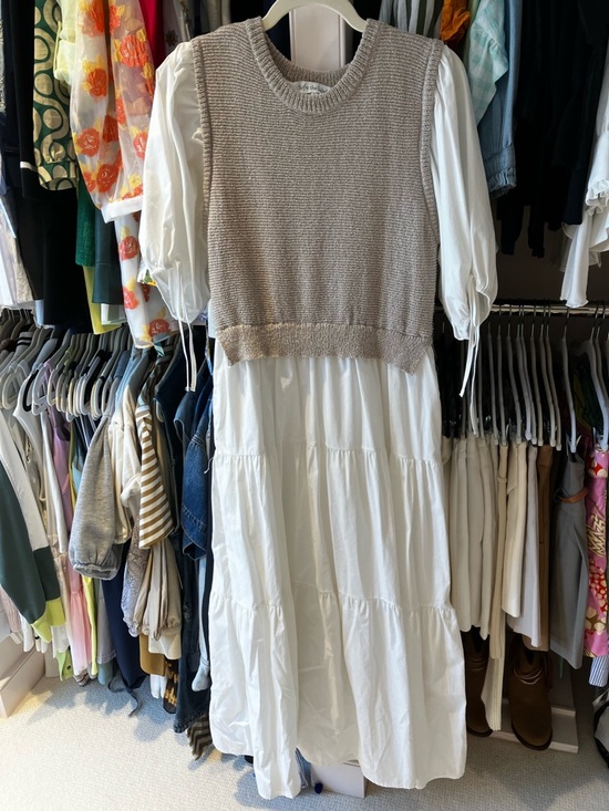 Sofie The Label Dresses & Skirts - Twofer White Tiered Puff-Sleeve Dress with Taupe Knit Vest